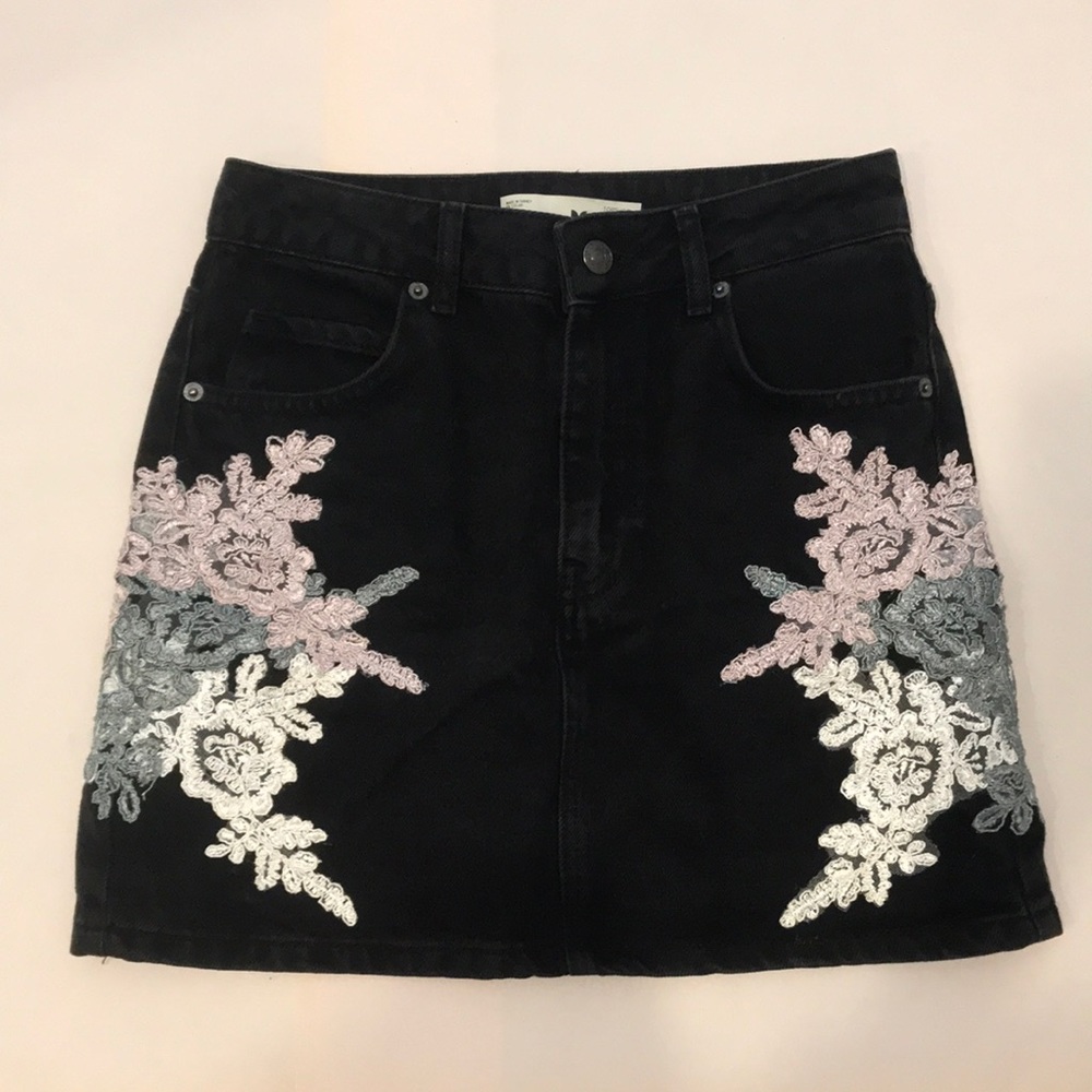 Topshop Moto Black Denim Embroidered Mini Skirt